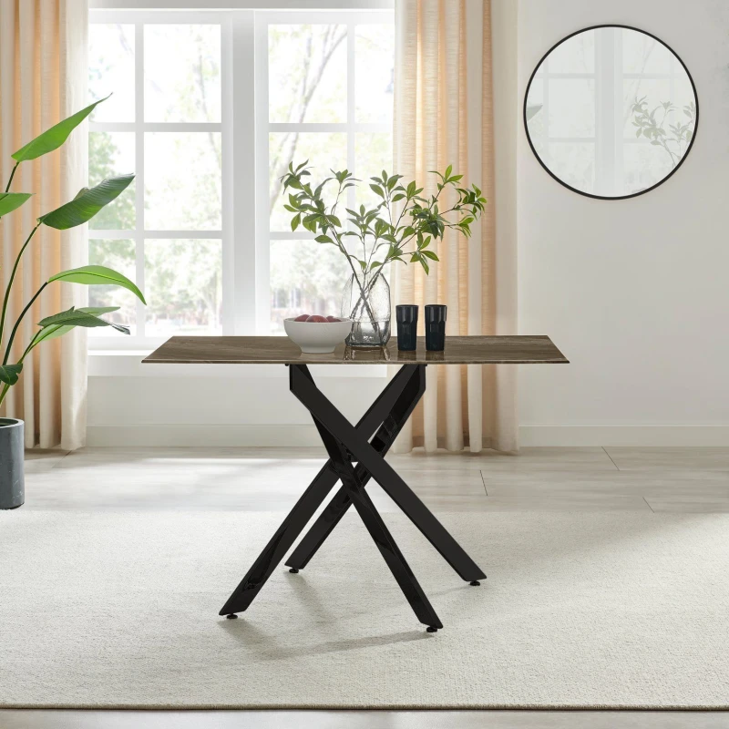 Image of FurnitureboxUK FurnitureboxUK Leonardo 4-Seater Dining Table With Marble Effect Glass Top And Black Metal Legs in Dark Brown Dark Brown One Size Unise