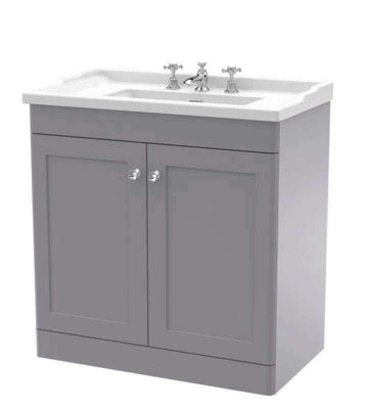 Image of Nuie Classique 800mm Floor Standing 2-Door Vanity Unit With Marble Top-Satin Grey