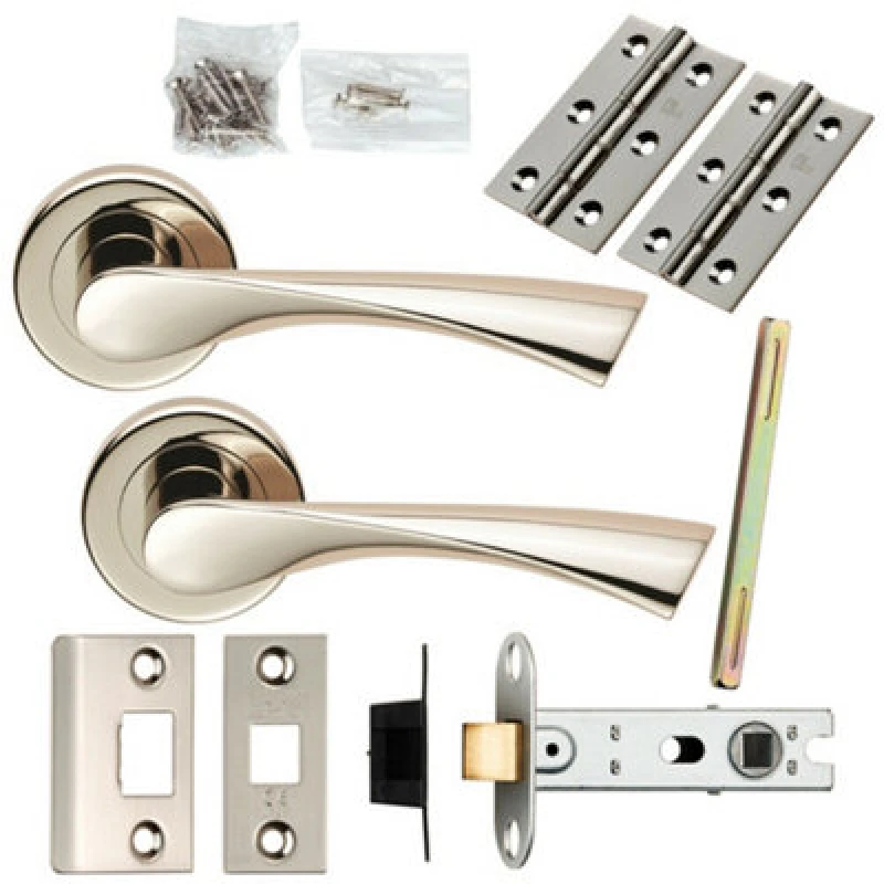 Image of Loops Door Handle & Latch Pack Polished Nickel Angular Lever Screwless Round Rose Metallics