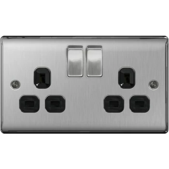 Image of 13a 2 Gang Switch Socket Brushed Steel With Black Inserts - NBS22B - BG