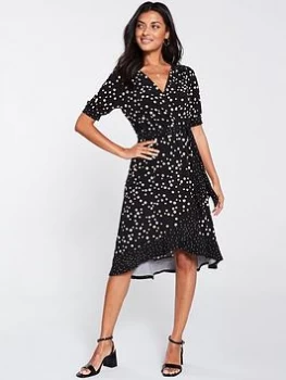 Image of Oasis Spot Ruffle Wrap Midi Dress - Multi Black, Multi Black, Size XS, Women