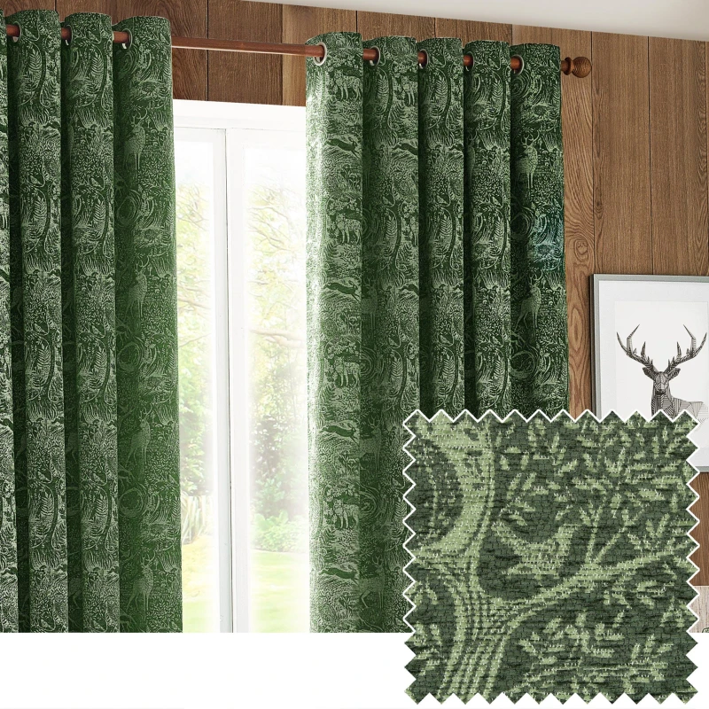 Image of Winter Woods Animal Chenille Eyelet Curtains Emerald, Emerald / 117 x 137cm