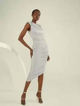 Image of Karen Millen Crepe Draped Midi Dress - Silver, Size S, Women