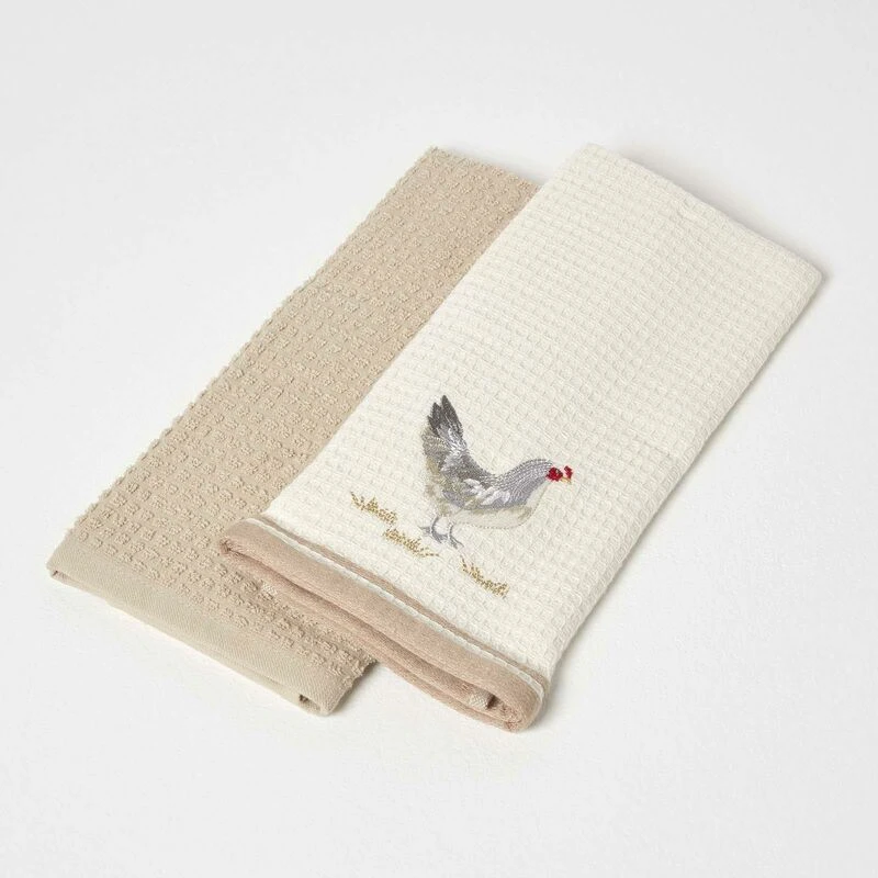 Image of Homescapes Rooster Waffle Cotton Tea Towels, Set of 2 Natural