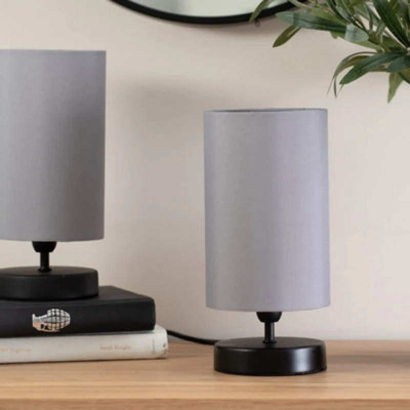 Image of ValueLights Francis Matt Black Touch Table Lamps with Fabric Shades and LED Bulbs Light Grey