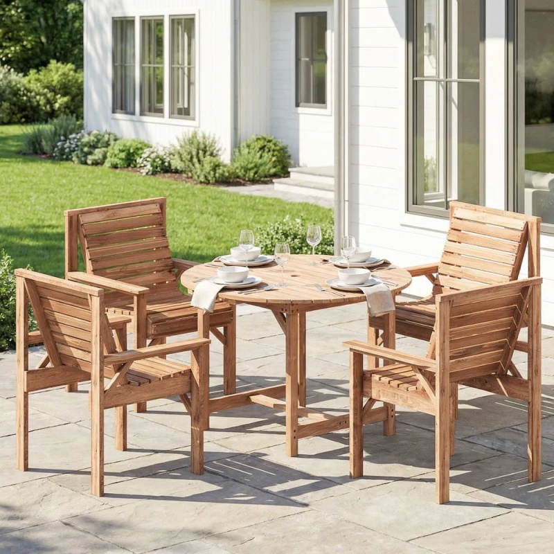 Image of OUTSUNNY Garden Dining Set, Round Table & Chairs w/ Parasol Hole in Natural Size: 100cm x 100cm Natural Unisex 100cm x 100 cm