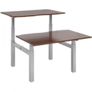 Image of Elev8² Rectangular Sit Stand Back to Back Desk with Walnut Melamine Top and Silver Frame 4 Legs Touch 1200 x 1650 x 675 - 1300 mm