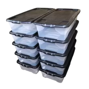 image of 10 x 42L Clear Under Bed Storage Box with Black Lid, Stackable and Nestable Design Storage Solution