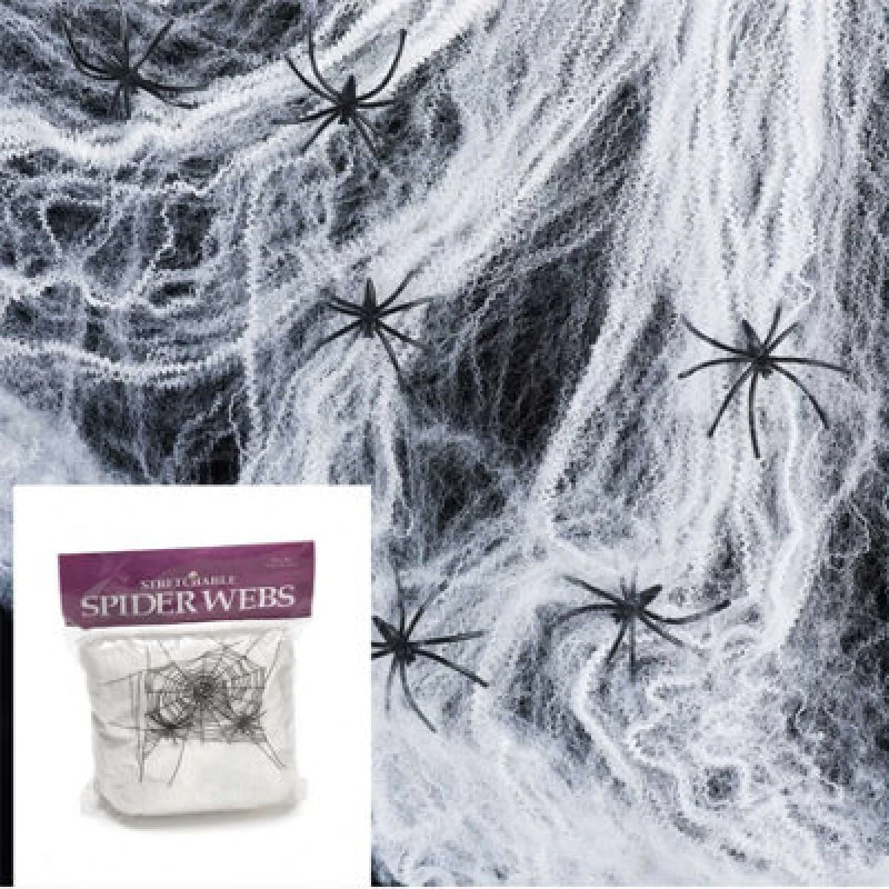 Image of Shatchi 5Pk Halloween Spider Web With 4 Spiders - Stretchable White Cobweb Decoration