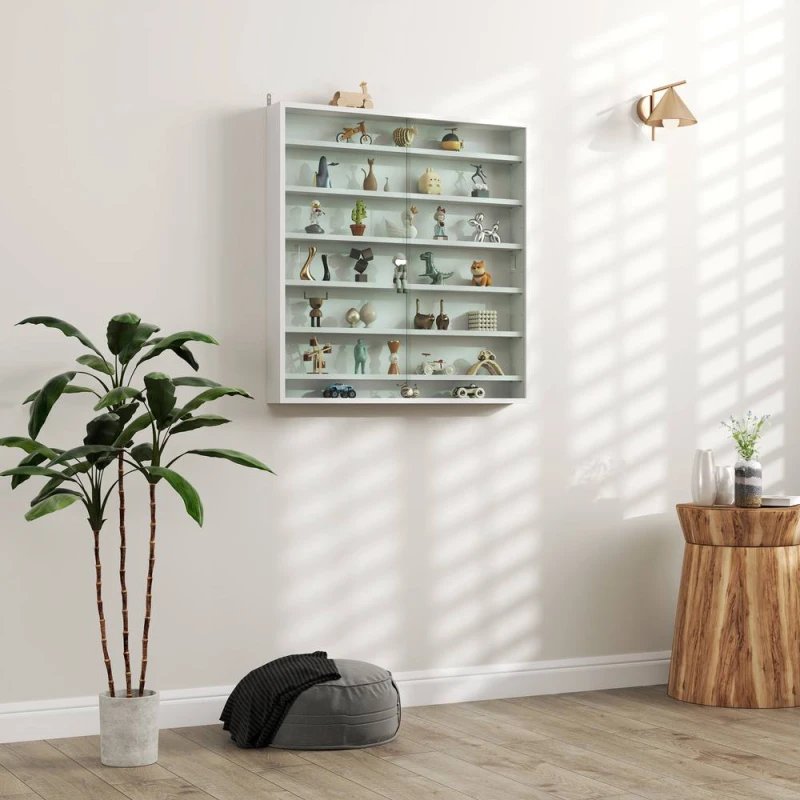 Image of HOMCOM 7-Tier Wall Display Cabinet w/ Adjustable Shelves Glass Doors in White Size: Large White Unisex Large