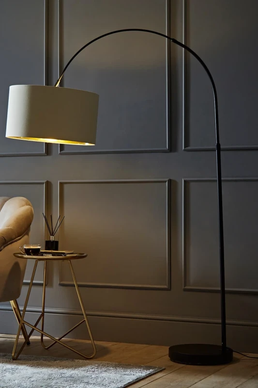 Image of ValueLights Louis Black Arched Curved Floor Lamp with Beige and Metallic Gold Inner Shade Beige