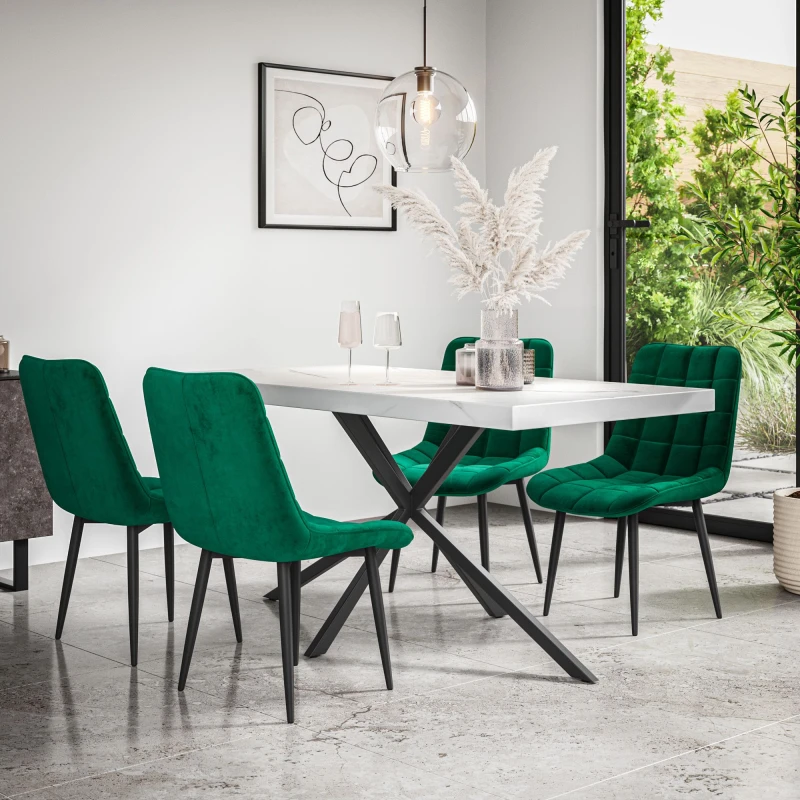 Image of More4Homes Donni Dining Table And Chairs - White Marble Effect Table Top W Black Legs + Nova Velvet Dining Chair Set Of 4 (Green)
