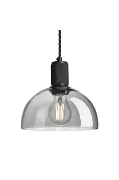 image of Knurled Tinted Glass Dome Pendant Light, 8 Inch, Smoke Grey, Black Holder