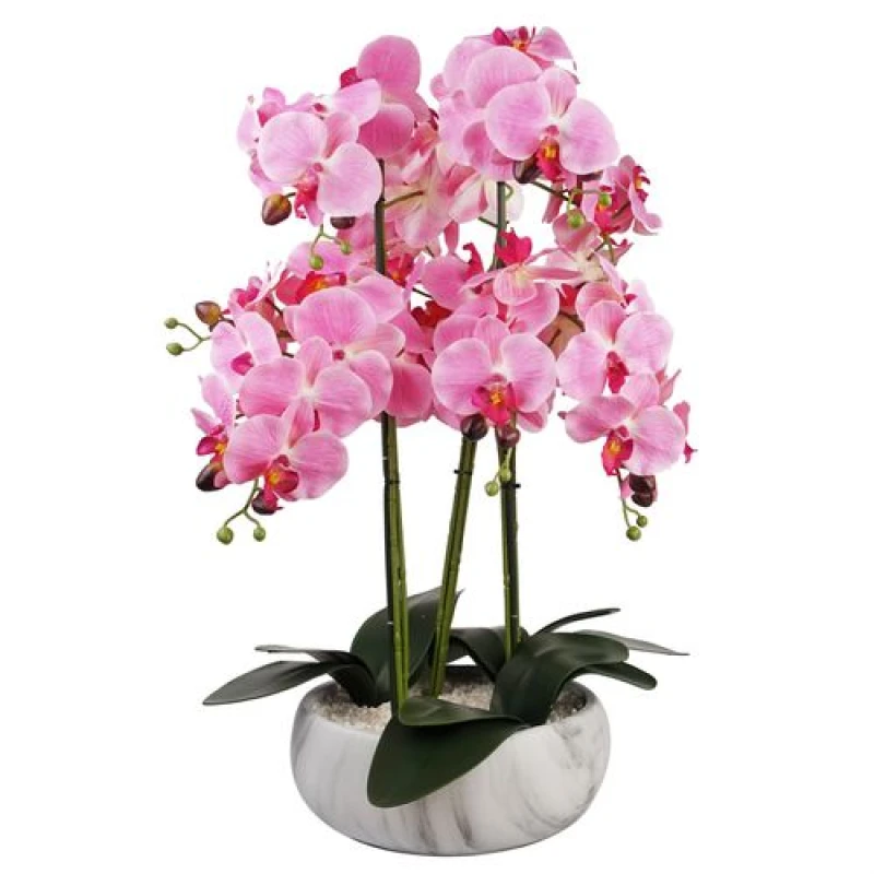 Image of Leaf Orchid Artificial Pink Marble Effect Ceramic Planter Botanik Green