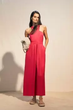 Image of Premium Linen Viscose Halter Woven Jumpsuit