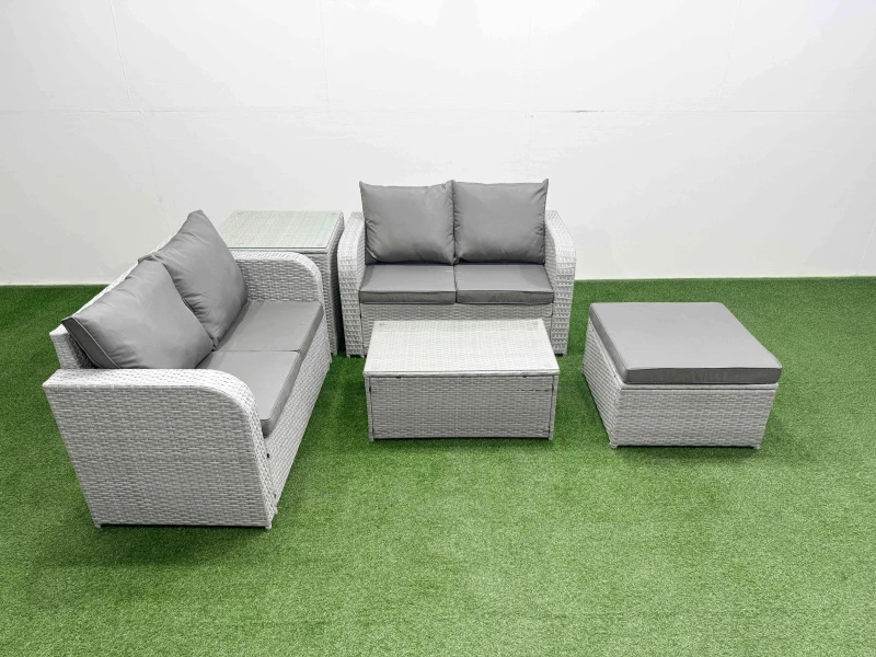 Image of Fimous 5 Seater Outdoor Love Sofa Set Rattan Garden Furniture Set with Rectangular Coffee Table Big Footstool Side Table Light Grey Light Grey
