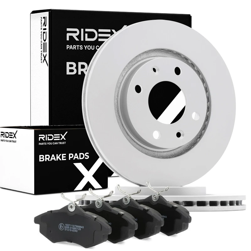Image of RIDEX 3405B1524 Brake disc and pads set Front Axle, Brake Disc Type: Externally Vented, excl. wear warning contact, with bolts/screws Brake Set,disc
