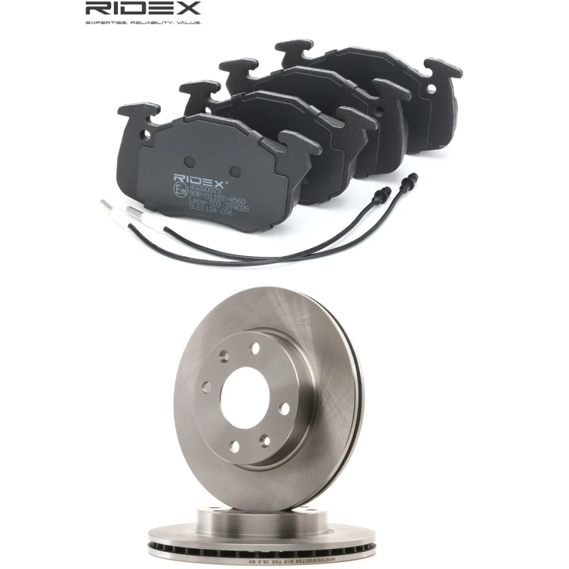 Image of RIDEX 3405B1980 Brake disc and pads set Front Axle, Brake Disc Type: internally vented, with integrated wear sensor Brake Set,disc brakes (3405)