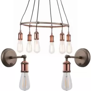 Image of 6 Lamp Ceiling Pendant & 2x Matching Wall Light Pack Tarnished Aged Copper Kit