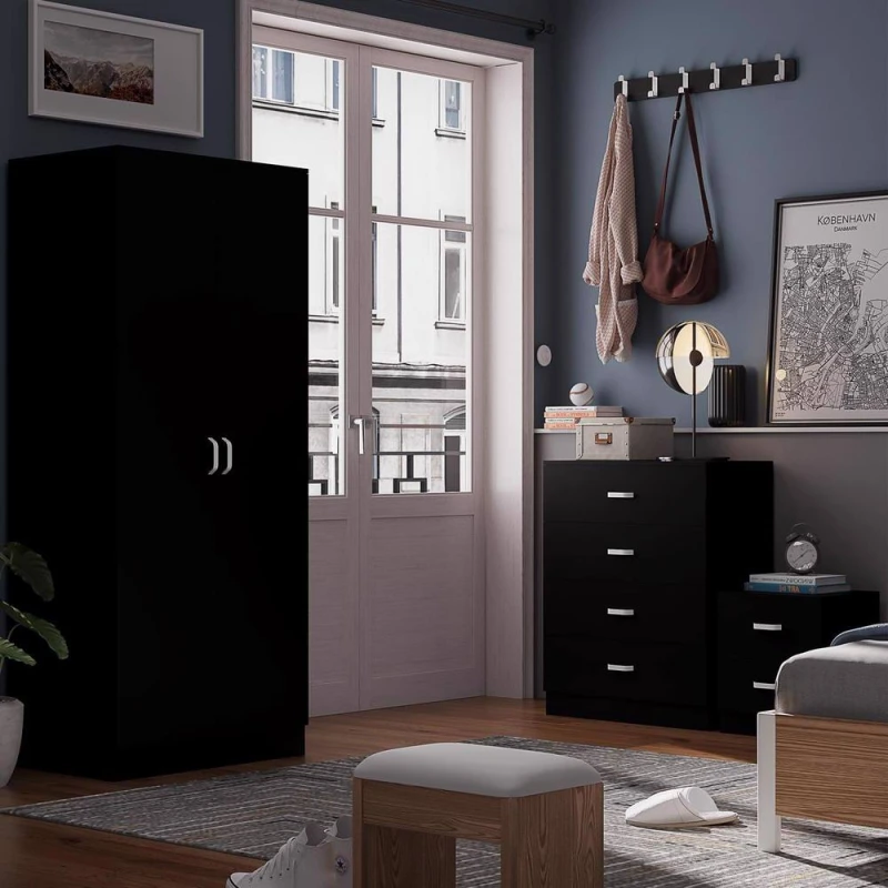 Image of FWStyle FWStyle Black 3 Piece Bedroom Furniture Set Bedside, Wardrobe, 4 Drawer Chest Black One Size Unisex 5056413127754