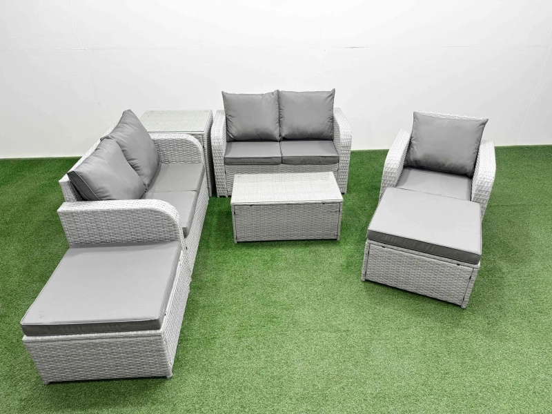 Image of Fimous High Back Poly Rattan Garden Furniture Set with Reclining Chair Loveseat Sofa Rectangular Coffee Table Indoor Outdoor Patio Set 2 Big Stool Si