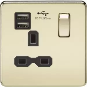 image of Screwless 13A 1G Switched Socket with dual usb charger (2.4A) - Polished Brass with Black Insert 230V IP20