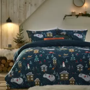 Image of Furn. Winter Pines Navy Duvet Cover and Pillowcase Set Navy Blue/Red/White