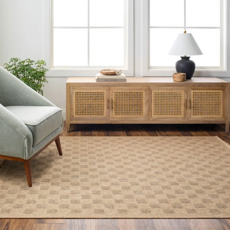 Image of Livabliss In- & Outdoor Cottage Jute-Look Light Brown Checkered Tori Area Rug 120 X 170 Cm - Perfect For Balcony Or Dining Room
