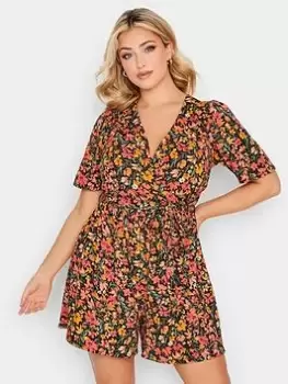 Image of Yours Wrap Water Colour Floral Playsuit, Orange, Size 20, Women