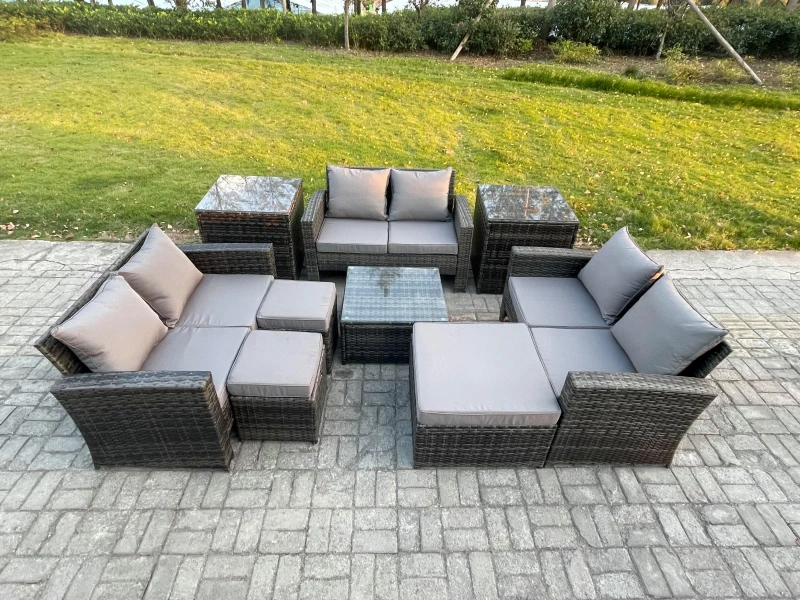 Image of Fimous Outdoor Lounge Sofa Set Wicker Pe Rattan Garden Furniture Set With Square Coffee Table Double Seat Sofa 3 Footstools