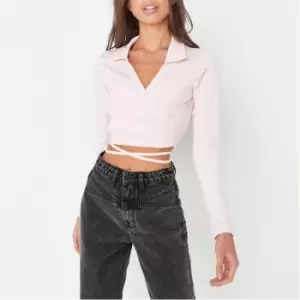 image of Missguided Petite Tie Wrap Polo Long Sleeve - Pink