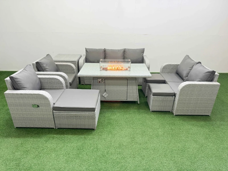 Image of Fimous PE Rattan Garden Furniture Set Reclining Chair Sofa Double Love Seat 2 Seater Sofa Lounge Set Firepit Dining Table 3 Stools Side Table Light Gr