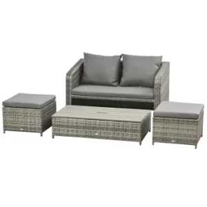 image of Outsunny 4 Piece Outdoor Wicker Conversation Patio Set All Weather PE Rattan Sofa Furniture with Double Sofa, 2 Ottomans and Lift Top Coffee Table