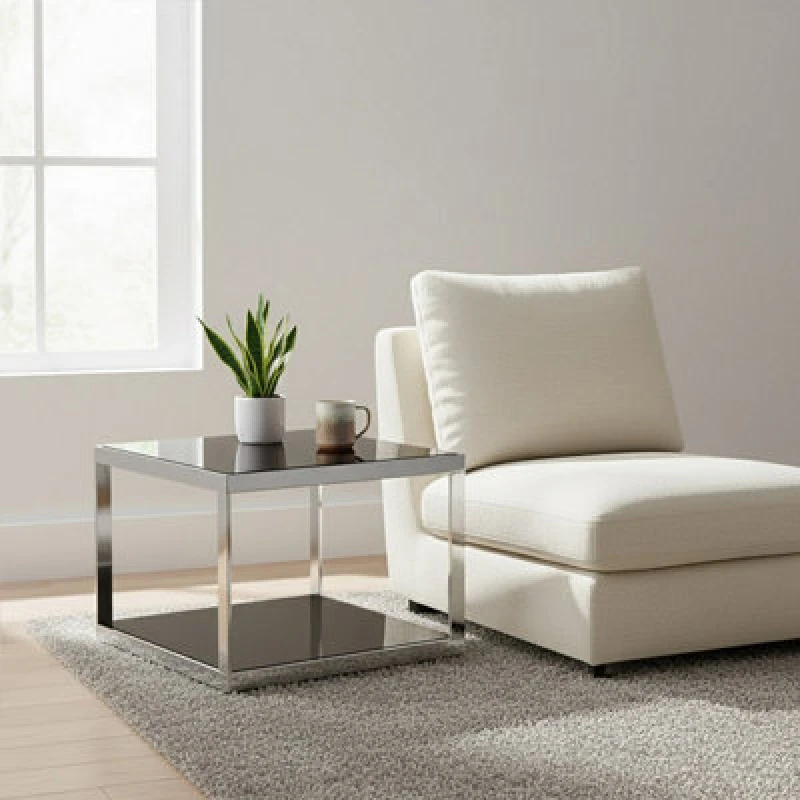 Image of Orsina Sleek Allure Silver Finish Square Coffee Table, Black Tempered Glass Display Table, Decorative Coffee Table