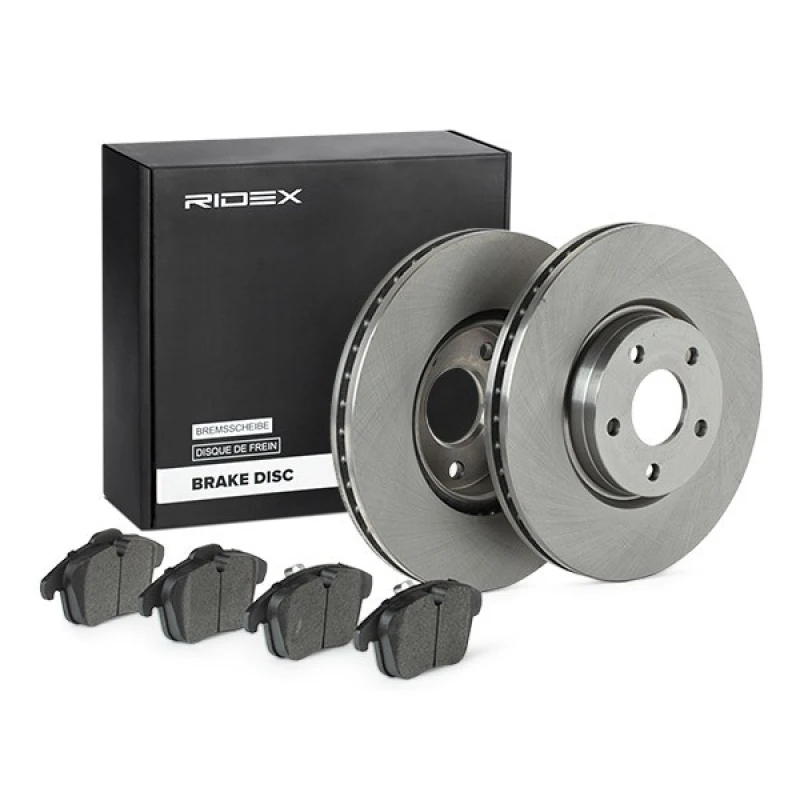 Image of RIDEX 3405B0860 Brake disc and pads set Front Axle, Brake Disc Type: internally vented, not prepared for wear warning indicator, with piston clip Bra