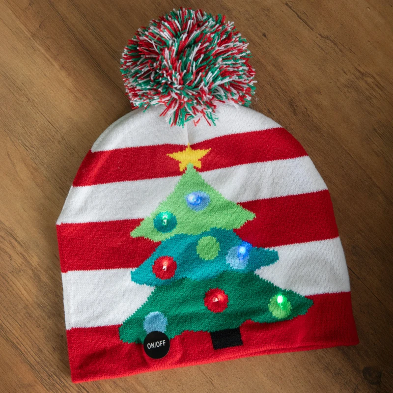 Image of Light up Flashing Party Beanie Festive Hat with Christmas Tree & Multi-Coloured LEDs