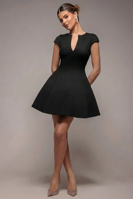 Image of Goddiva Womens Cap Sleeve Plunging V Neckline Skater Mini Dress in Black Size: 8 Black Female 8
