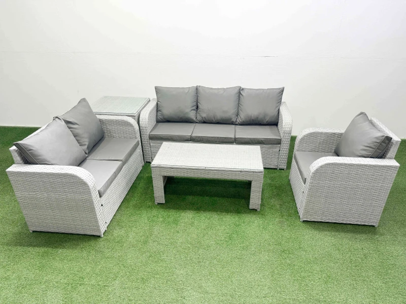 Image of Fimous Patio PE Wicker 6 Seater Outdoor Rattan Furniture Sofa Sets with Oblong Coffee Table Reclining Chair Loveseat Sofa 3 Seater Sofa Side Table Lig
