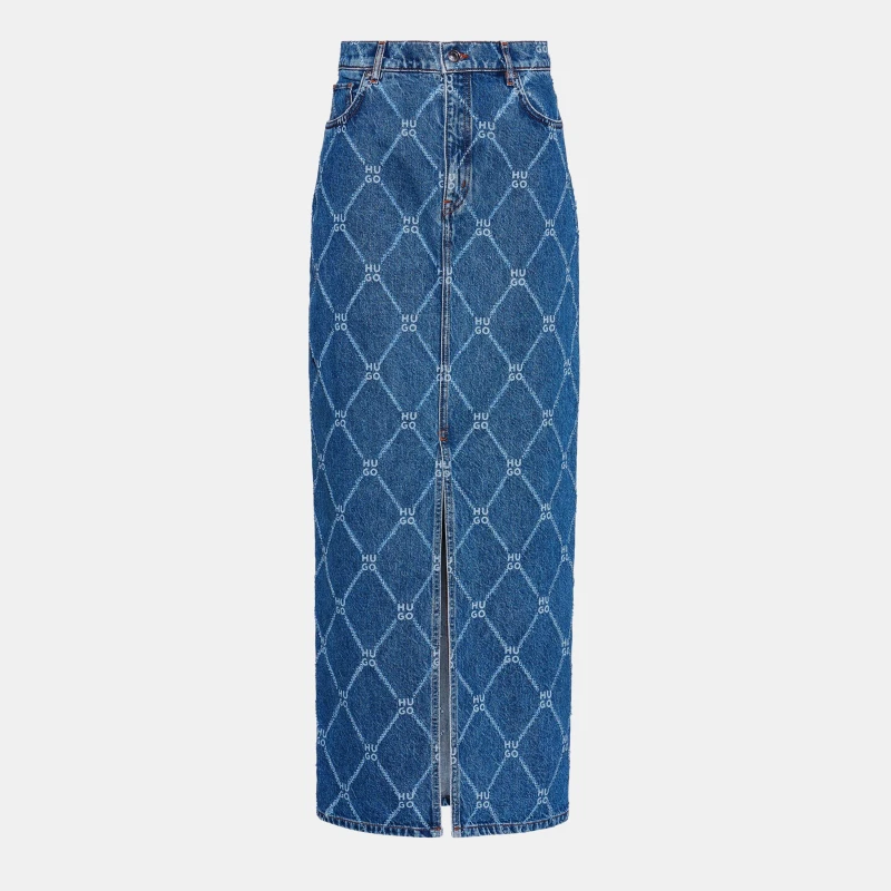 Image of HUGO Rigid-Denim Maxi Skirt - Blue Blue 8