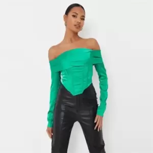 Missguided Satin Long Sleeve Bardot Corset Top - Green