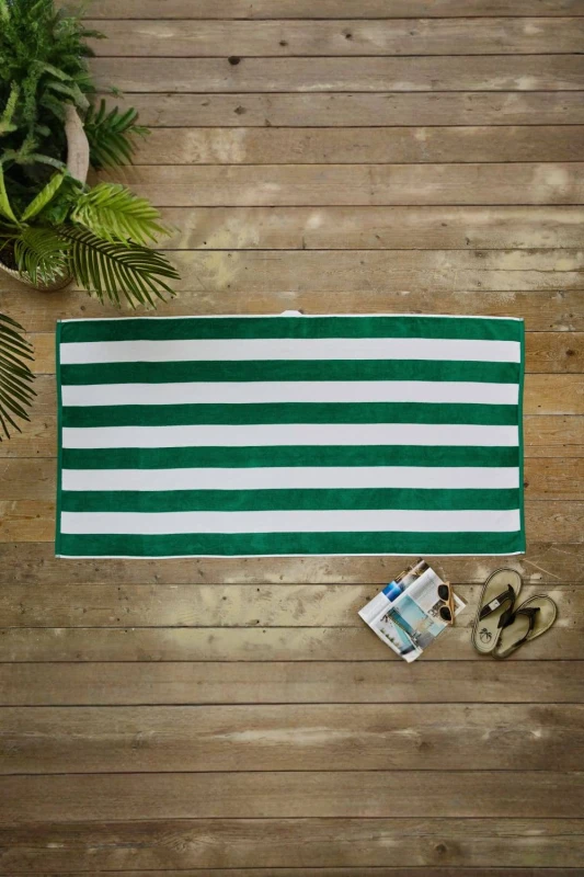 Image of Deyongs Cabana Bay 100% Cotton Yarn Dyed Stripe Beach Towel 80x165 in Green Green Unisex