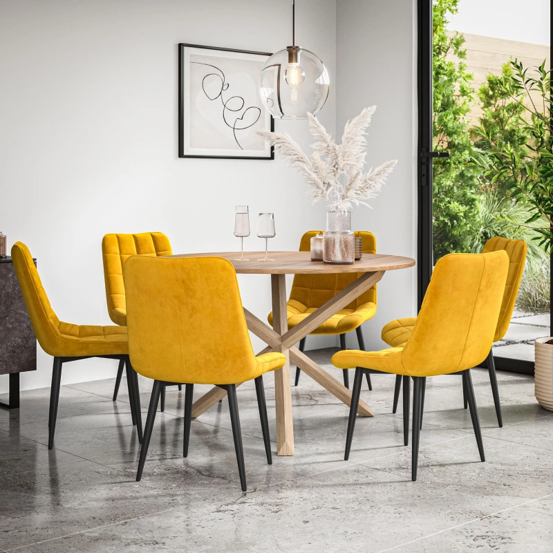 Image of More4Homes Malvern Round Dining Table And Chairs - Oak Table Top W Solid Oak Legs + Nova Velvet Dining Chair Set Of 6 (Mustard)