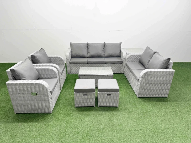 Image of Fimous PE Rattan Garden Furniture Set Adjustable Chair Sofa Double Love Seat 2 Seater Sofa Lounge Set Oblong Coffee Table 2 Stools Side Table Light Gr