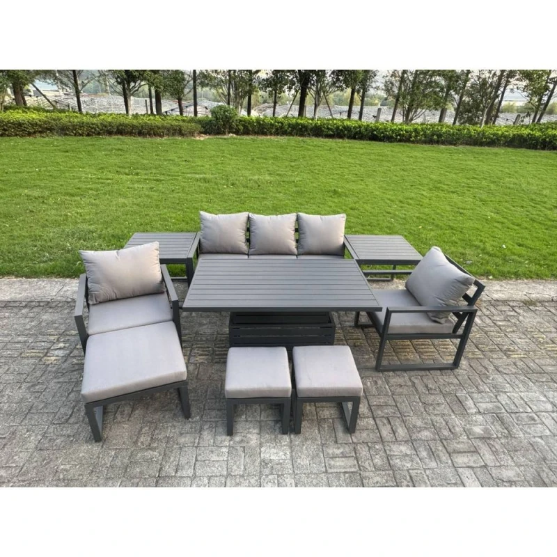 Image of Fimous Aluminum 8-Seater Sofa Set with Lifting Table, 2 Chairs & 2 Side Table in Dark Grey Dark Grey Unisex