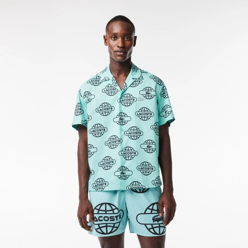 Image of Lacoste Mens Globe Print Cotton Short Sleeve Relaxed Fit Shirt Mint/Black male XS