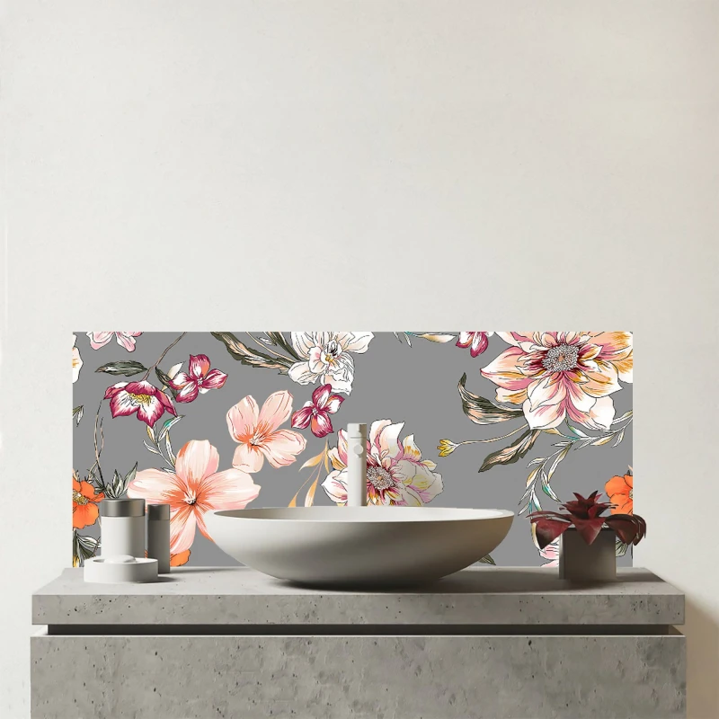 Image of Warren Reed - Designer Peony, Lily, Tulip, Daisy Glass Bathroom Splashback in Grey Grey Unisex