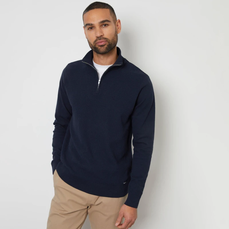 Image of Threadbare Basket Stitch Mock T-Shirt Quarter Zip Jumper - Blue Blue 2XL