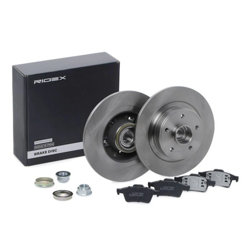 Image of RIDEX 3405B0124 Brake disc and pads set Rear Axle, Brake Disc Type: Solid, excl. wear warning contact, with ABS sensor ring Brake Set,disc brakes (34