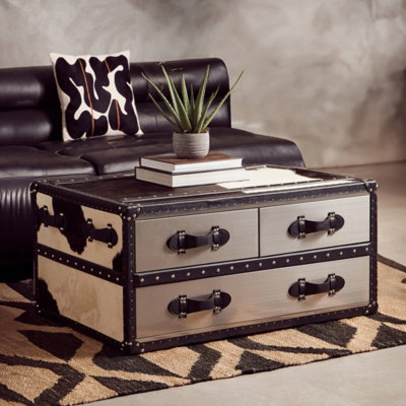 Image of Orsina Black & White Genuine Cowhide Coffee Table,rectangular Table With Three Drawers,table With Leather Handles