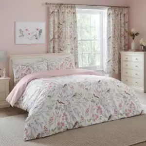 image of Caraway Garden Birds Print Reversible Easy Care Duvet Cover Set, Pink, Super King - Dreams&drapes